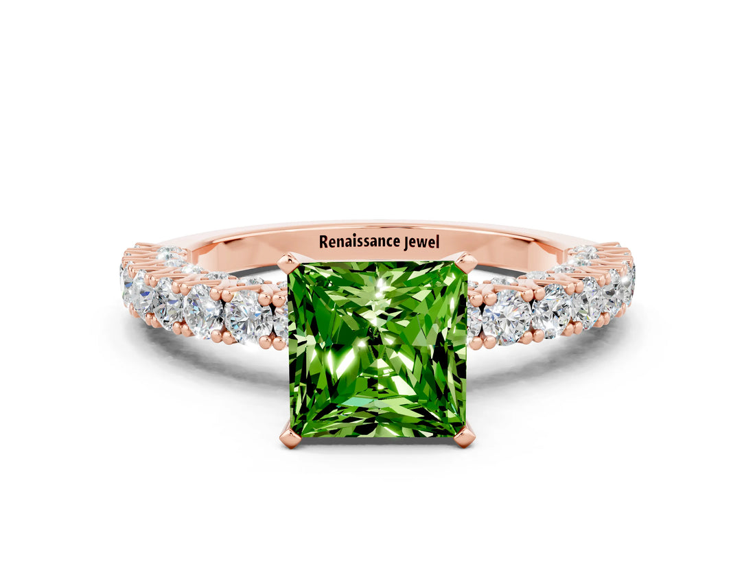 Rose gold Princess Cut Diamond Pavé Band Solitaire Ring with Prong Setting
