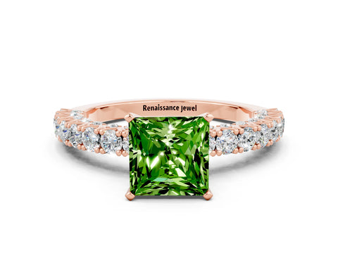 Rose gold Princess Cut Diamond Pavé Band Solitaire Ring with Prong Setting