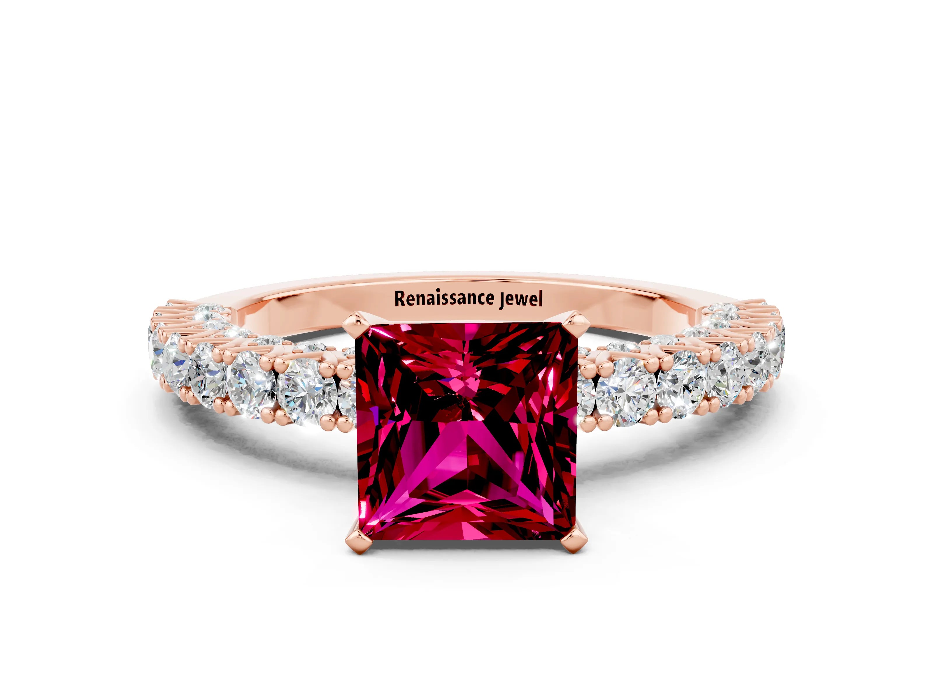 Rose gold Princess Cut Diamond Pavé Band Solitaire Ring with Prong Setting_12