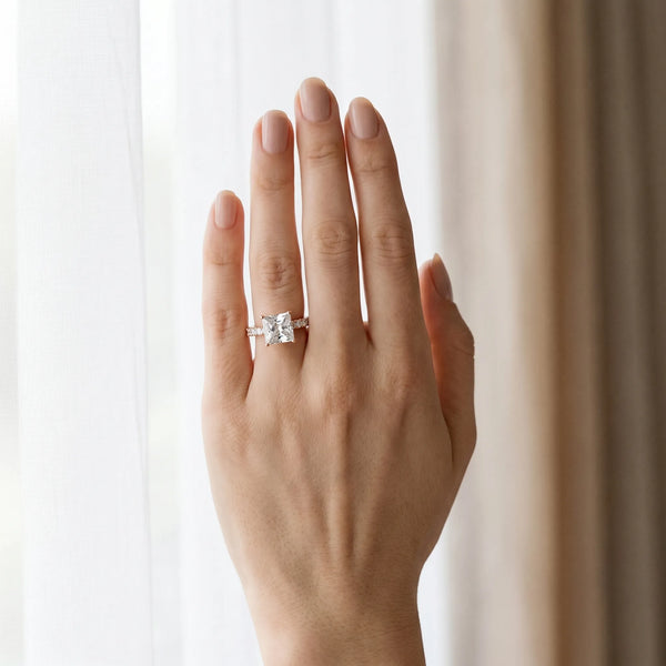 Rose gold Princess Cut Diamond Pavé Band Solitaire Ring with Prong Setting