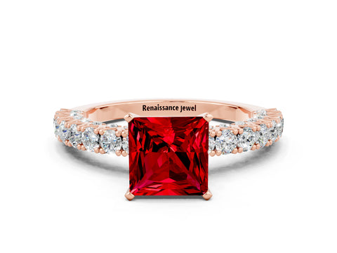 Rose gold Princess Cut Diamond Pavé Band Solitaire Ring with Prong Setting