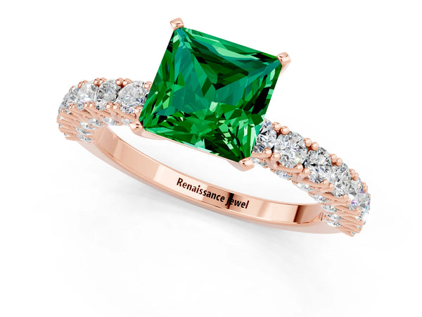 Rose gold Princess Cut Diamond Pavé Band Solitaire Ring with Prong Setting