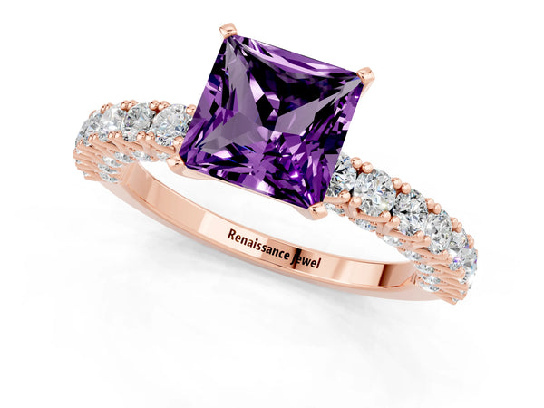 Rose gold Princess Cut Amethyst Solitaire Ring with Round Accent Pavé Band and Prong Setting