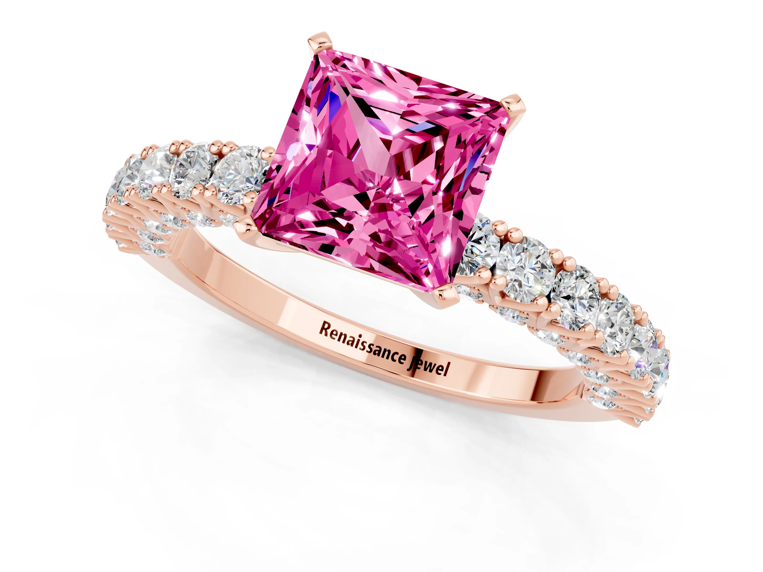 Rose gold Princess Cut Diamond Pavé Band Solitaire Ring with Prong Setting_1