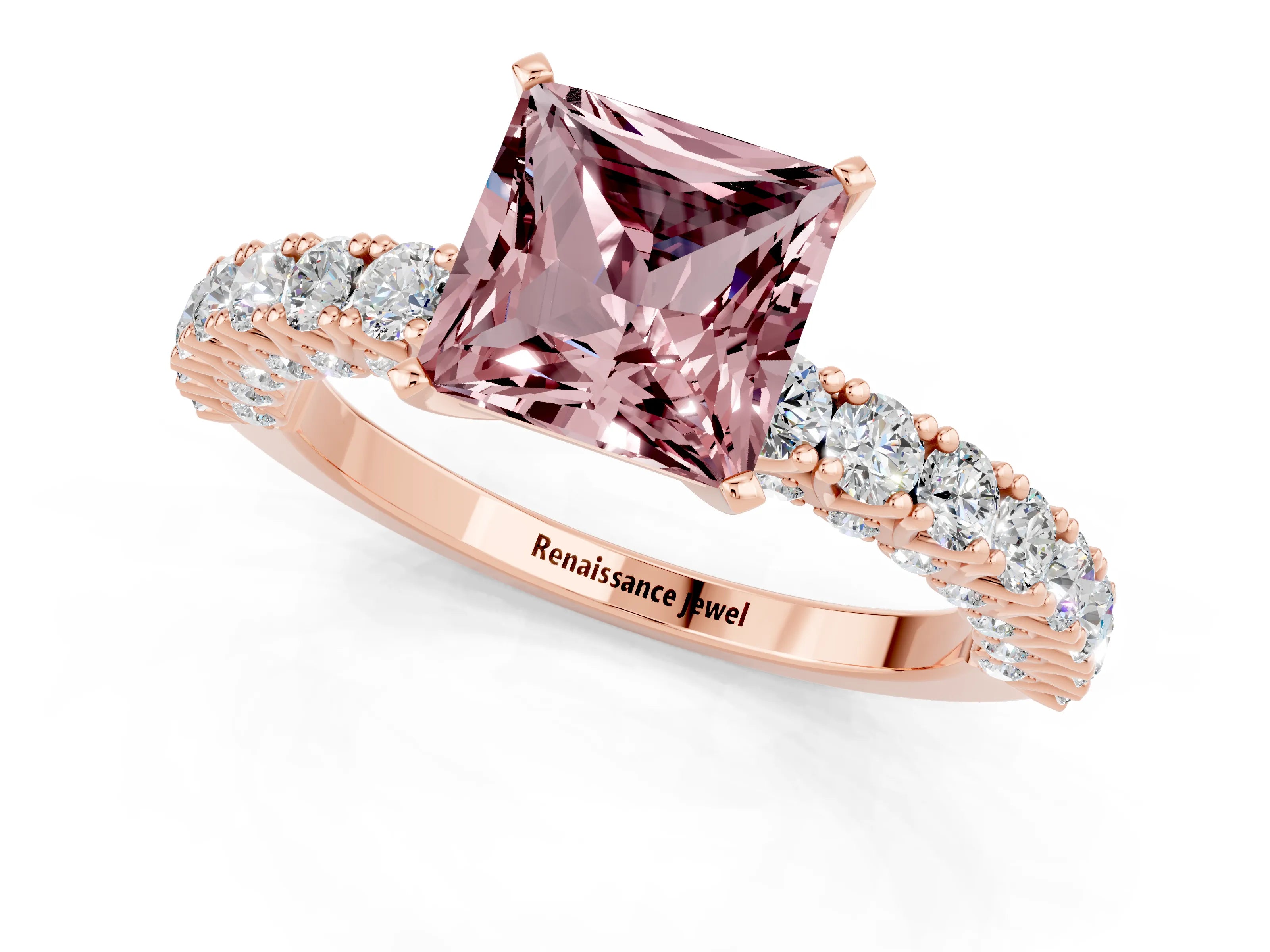 Rose gold Princess Cut Diamond Pavé Band Solitaire Ring with Prong Setting_1