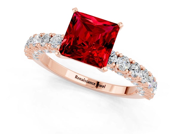 Rose gold Princess Cut Diamond Pavé Band Solitaire Ring with Prong Setting