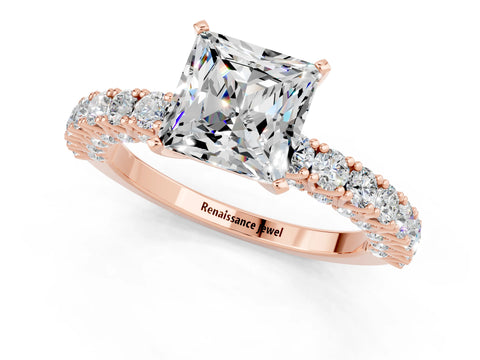 Rose gold Princess Cut Diamond Pavé Band Solitaire Ring with Prong Setting_1