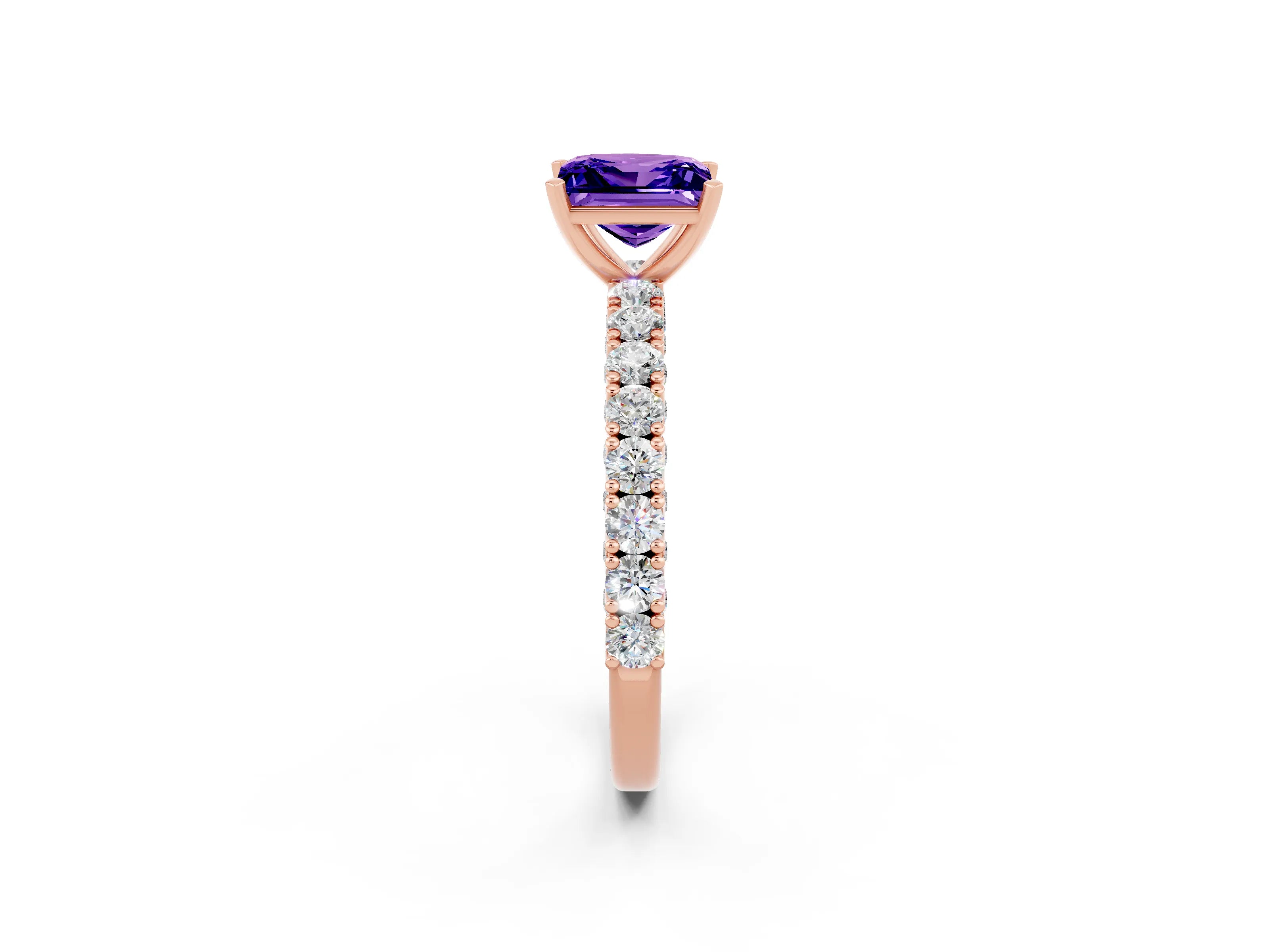 Rose gold Princess Cut Diamond Pavé Band Solitaire Ring with Prong Setting_2