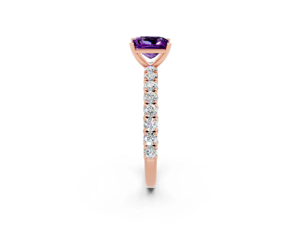 Rose gold Princess Cut Amethyst Solitaire Ring with Round Accent Pavé Band and Prong Setting