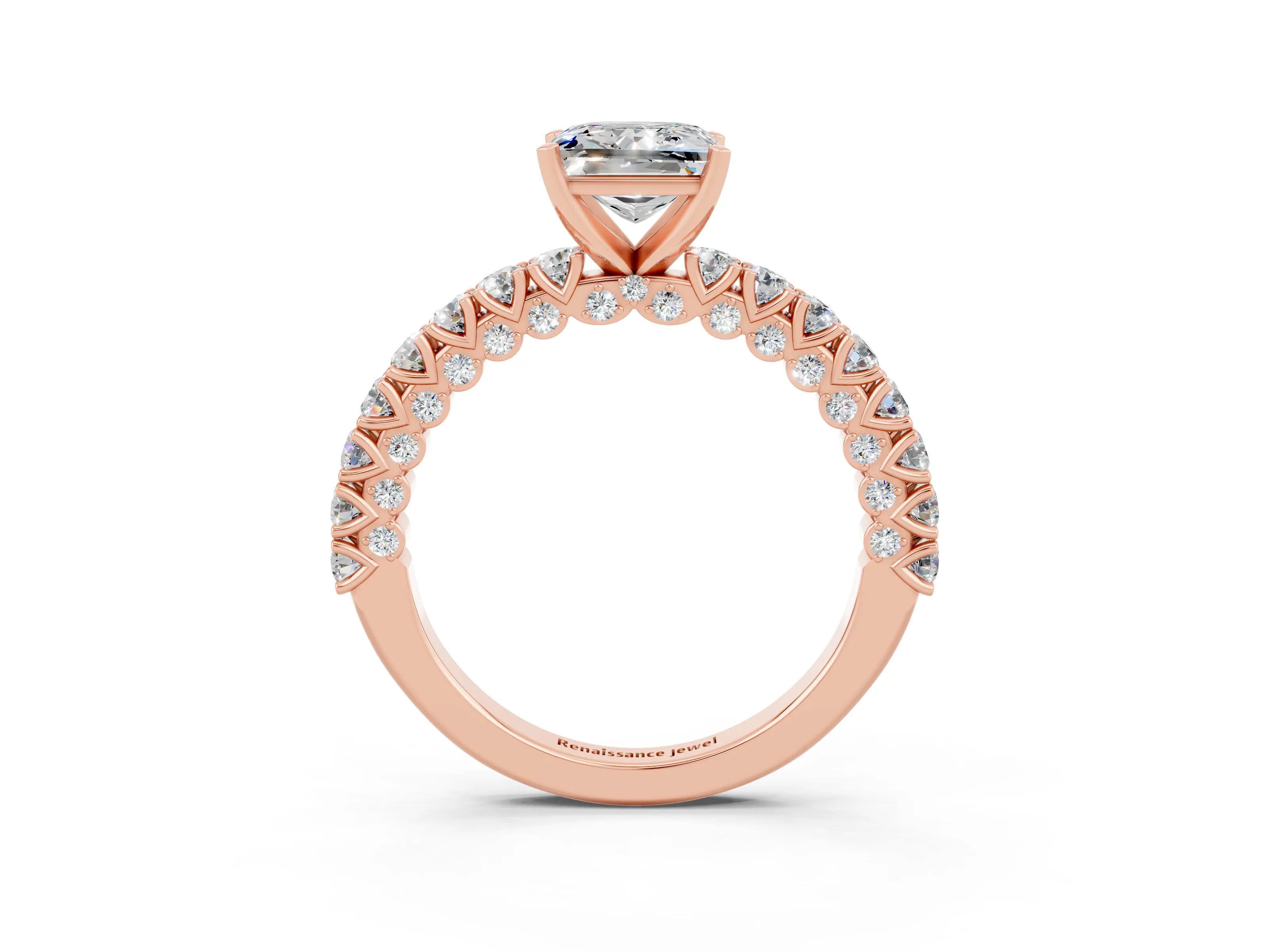Rose gold Princess Cut Diamond Pavé Band Solitaire Ring with Prong Setting_3