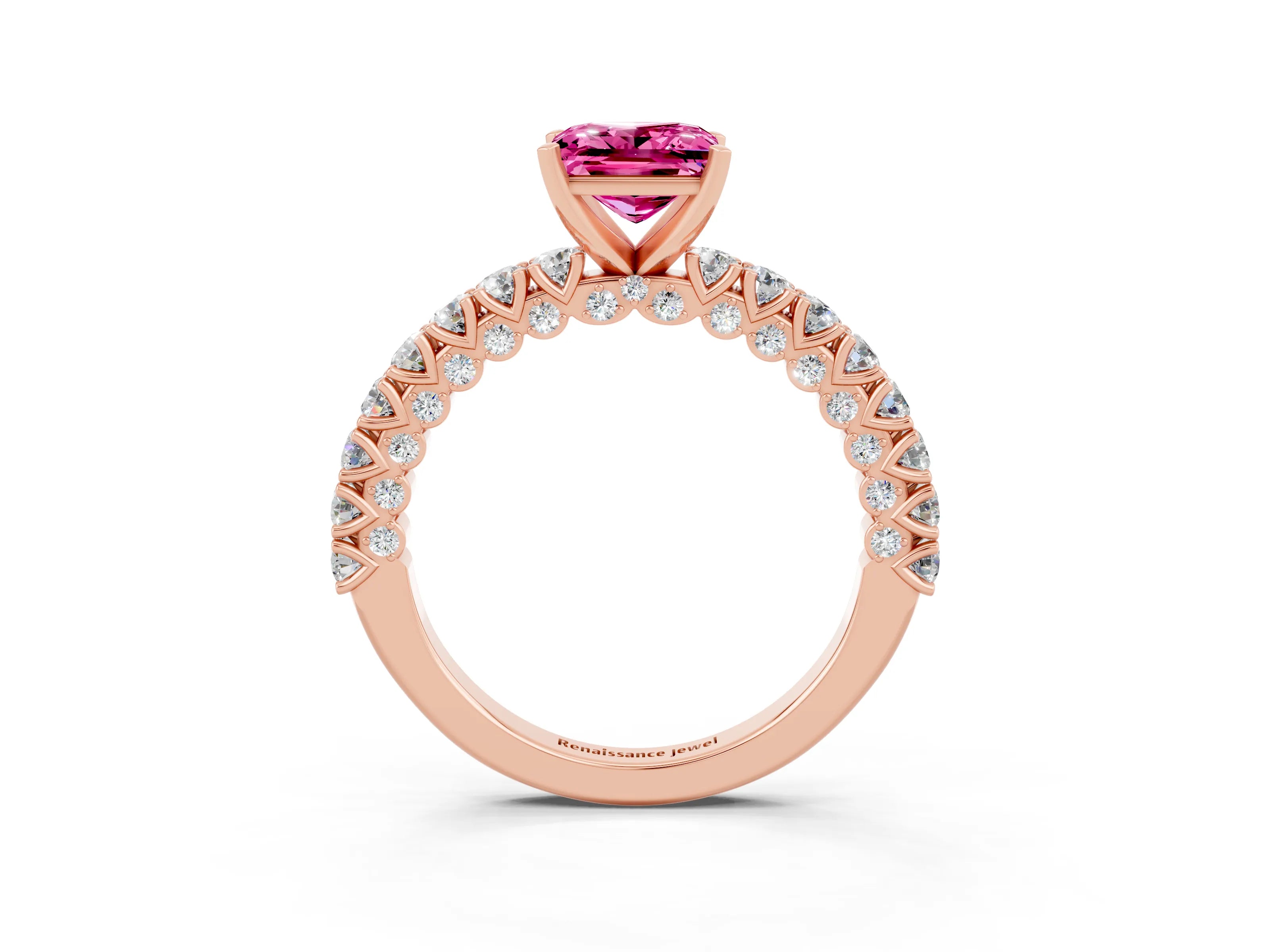 Rose gold Princess Cut Diamond Pavé Band Solitaire Ring with Prong Setting_3