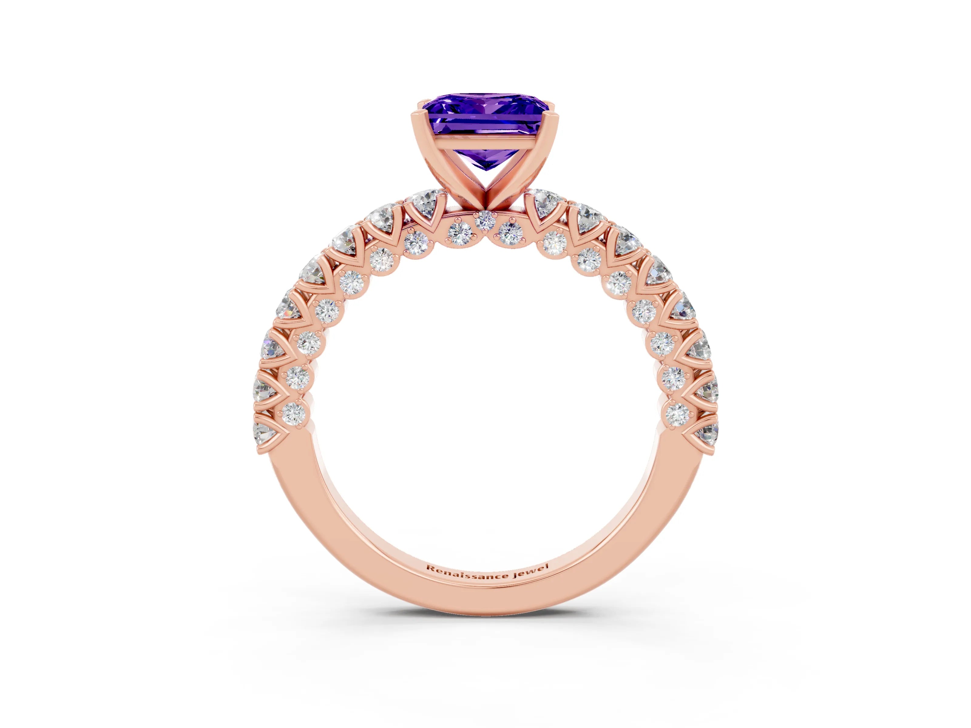 Rose gold Princess Cut Diamond Pavé Band Solitaire Ring with Prong Setting_3