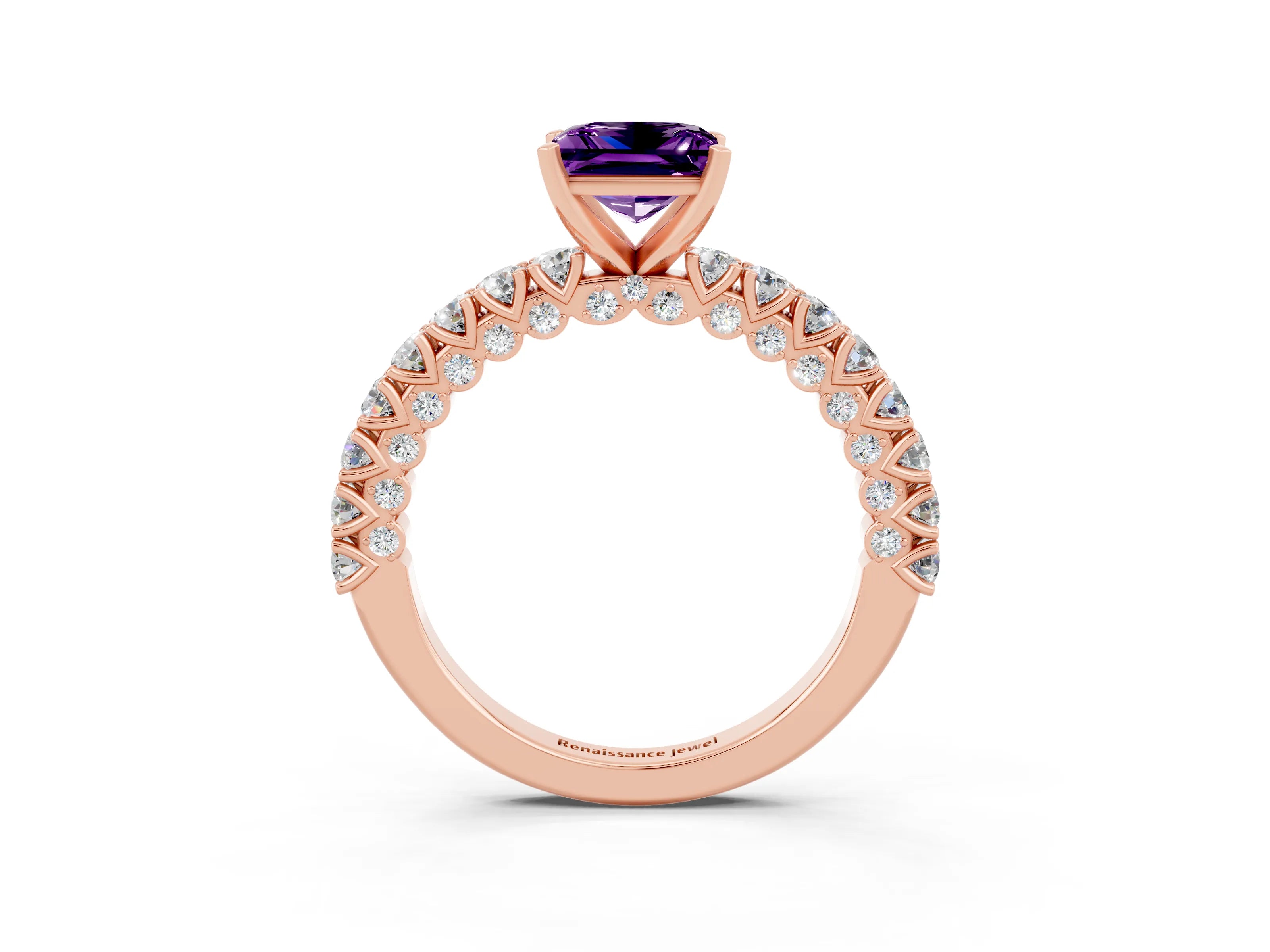 Rose gold Princess Cut Diamond Pavé Band Solitaire Ring with Prong Setting_3