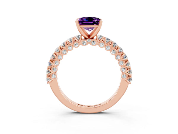 Rose gold Princess Cut Amethyst Solitaire Ring with Round Accent Pavé Band and Prong Setting