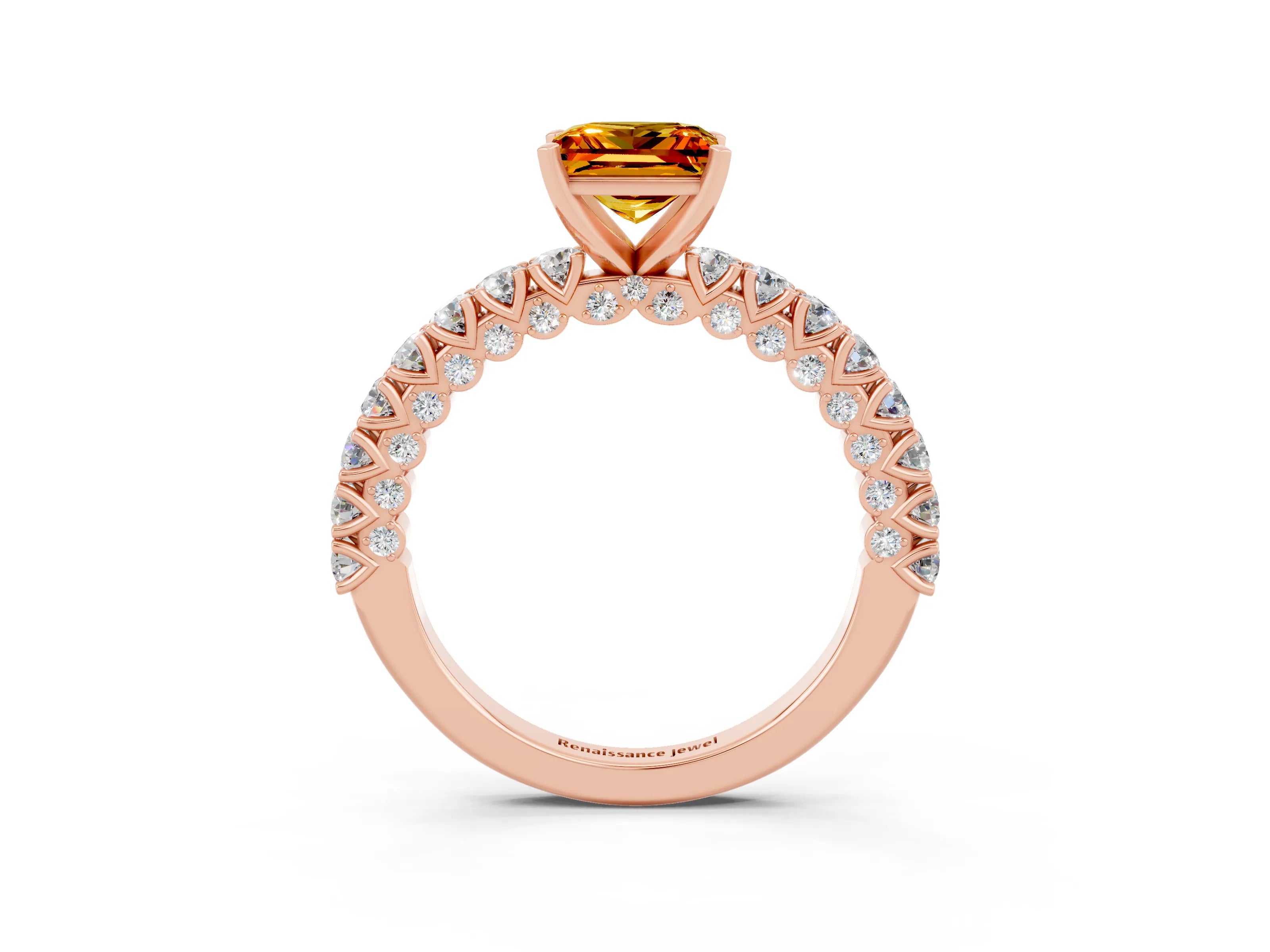 Rose gold Princess Cut Diamond Pavé Band Solitaire Ring with Prong Setting_3