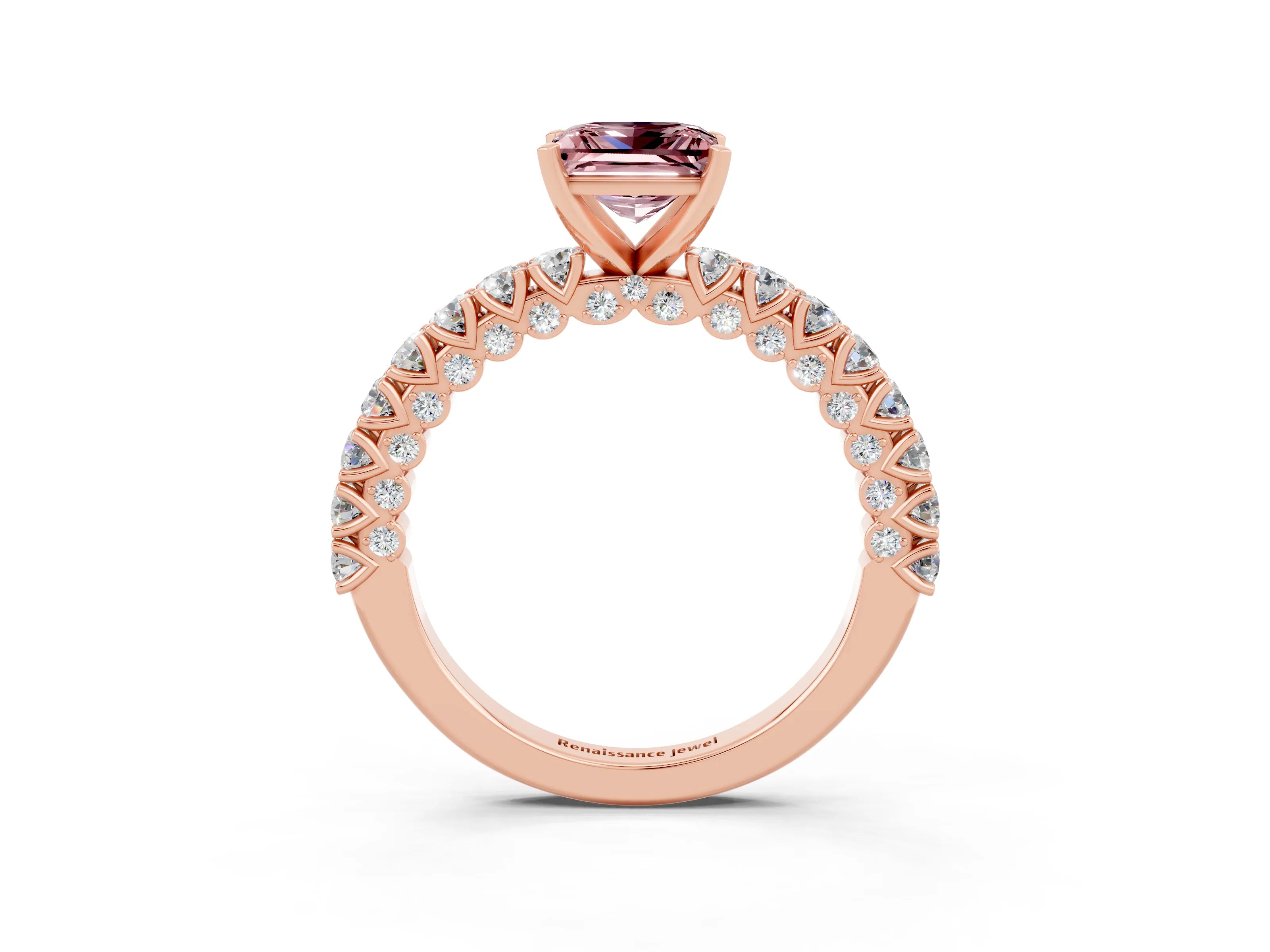 Rose gold Princess Cut Diamond Pavé Band Solitaire Ring with Prong Setting_3