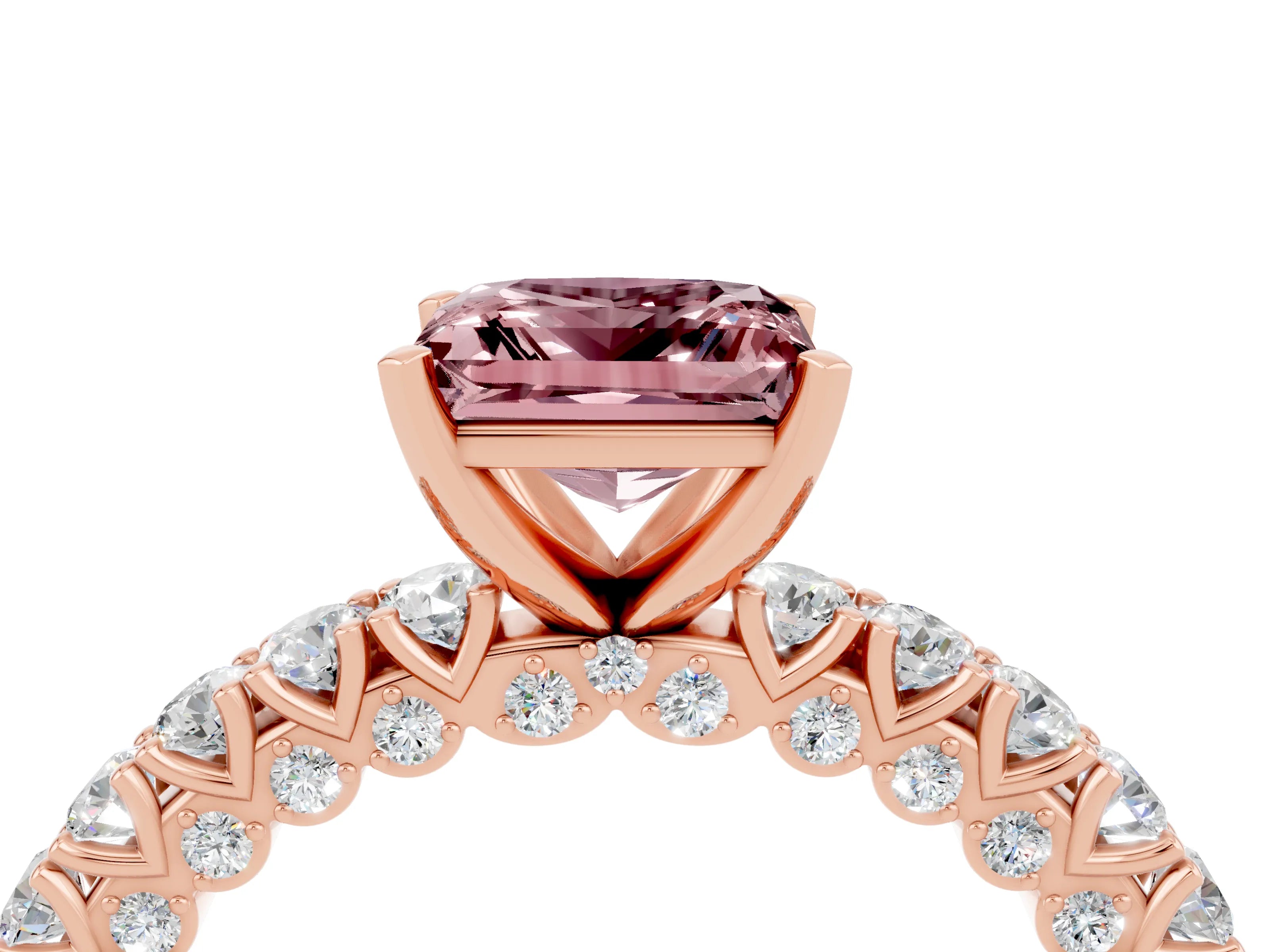 Rose gold Princess Cut Diamond Pavé Band Solitaire Ring with Prong Setting_4