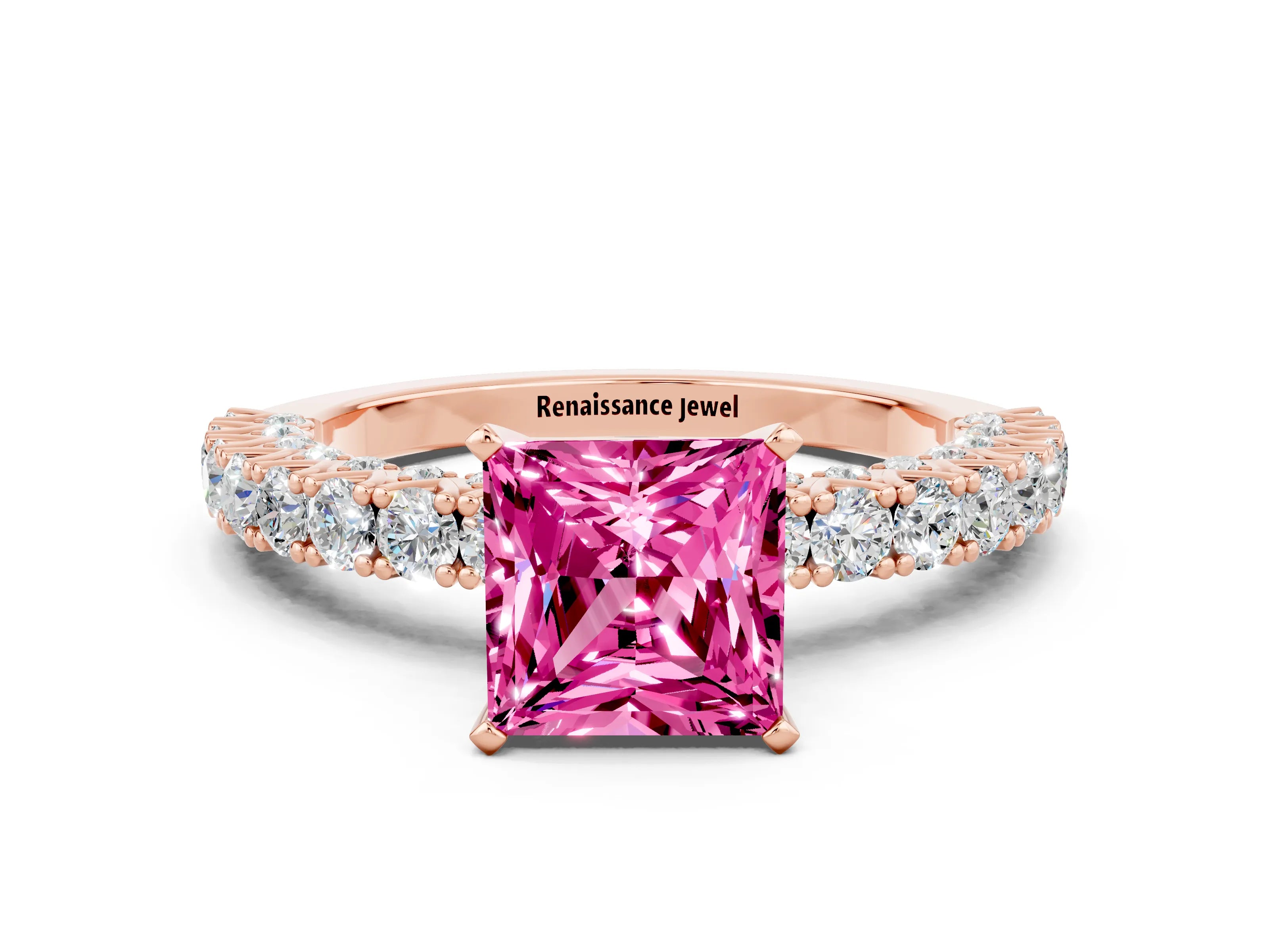 Rose gold Princess Cut Diamond Pavé Band Solitaire Ring with Prong Setting