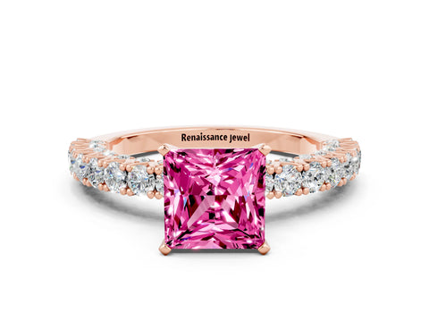Rose gold Princess Cut Diamond Pavé Band Solitaire Ring with Prong Setting