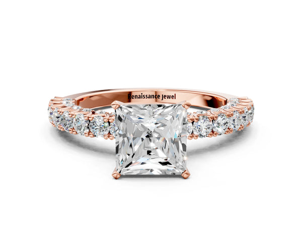 Rose gold Princess Cut Diamond Pavé Band Solitaire Ring with Prong Setting