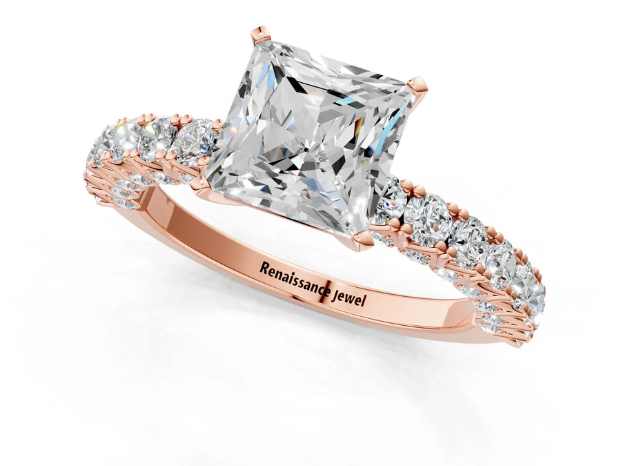 Rose gold Princess Cut Diamond Pavé Band Solitaire Ring with Prong Setting