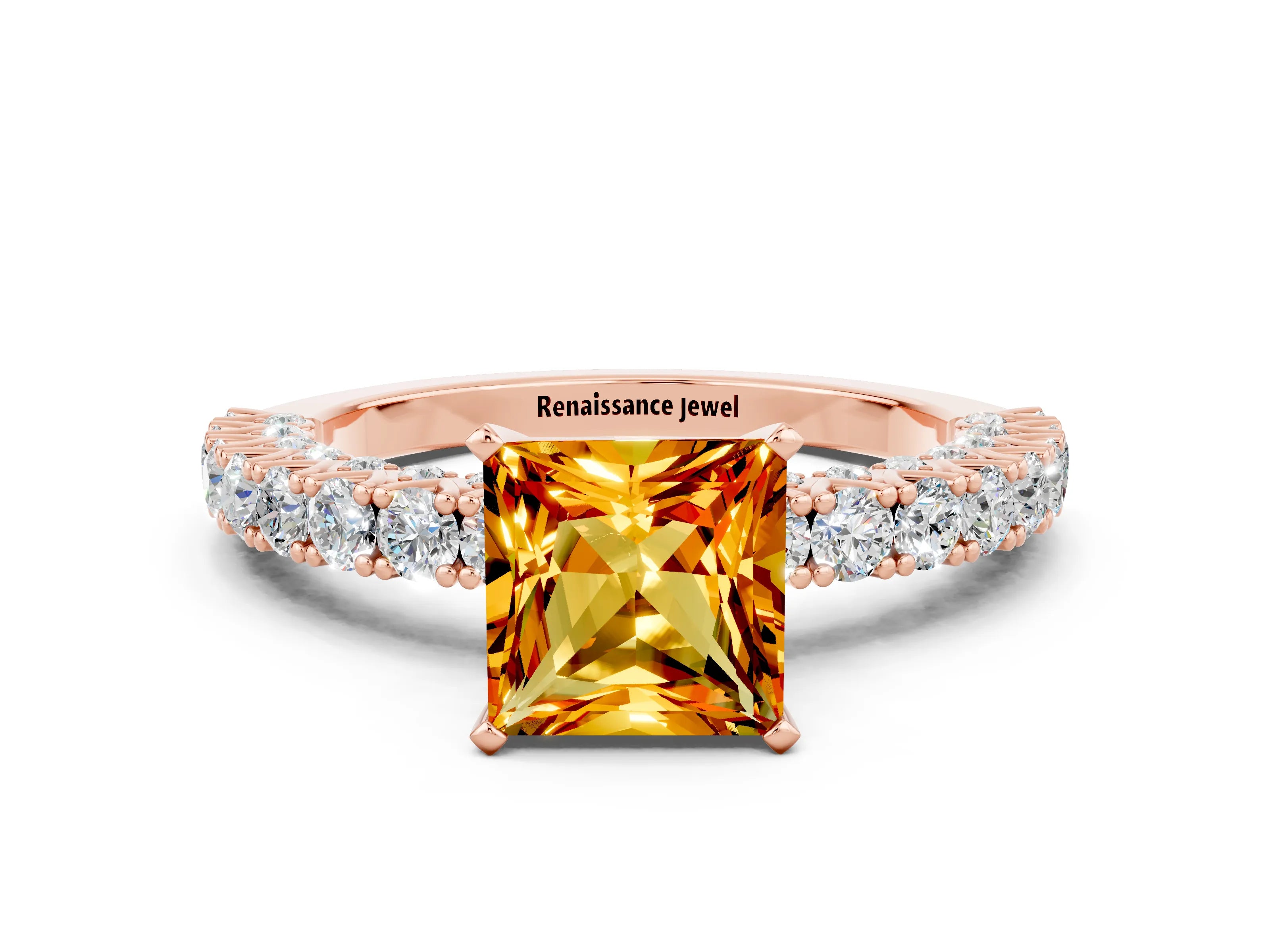 Rose gold Princess Cut Diamond Pavé Band Solitaire Ring with Prong Setting