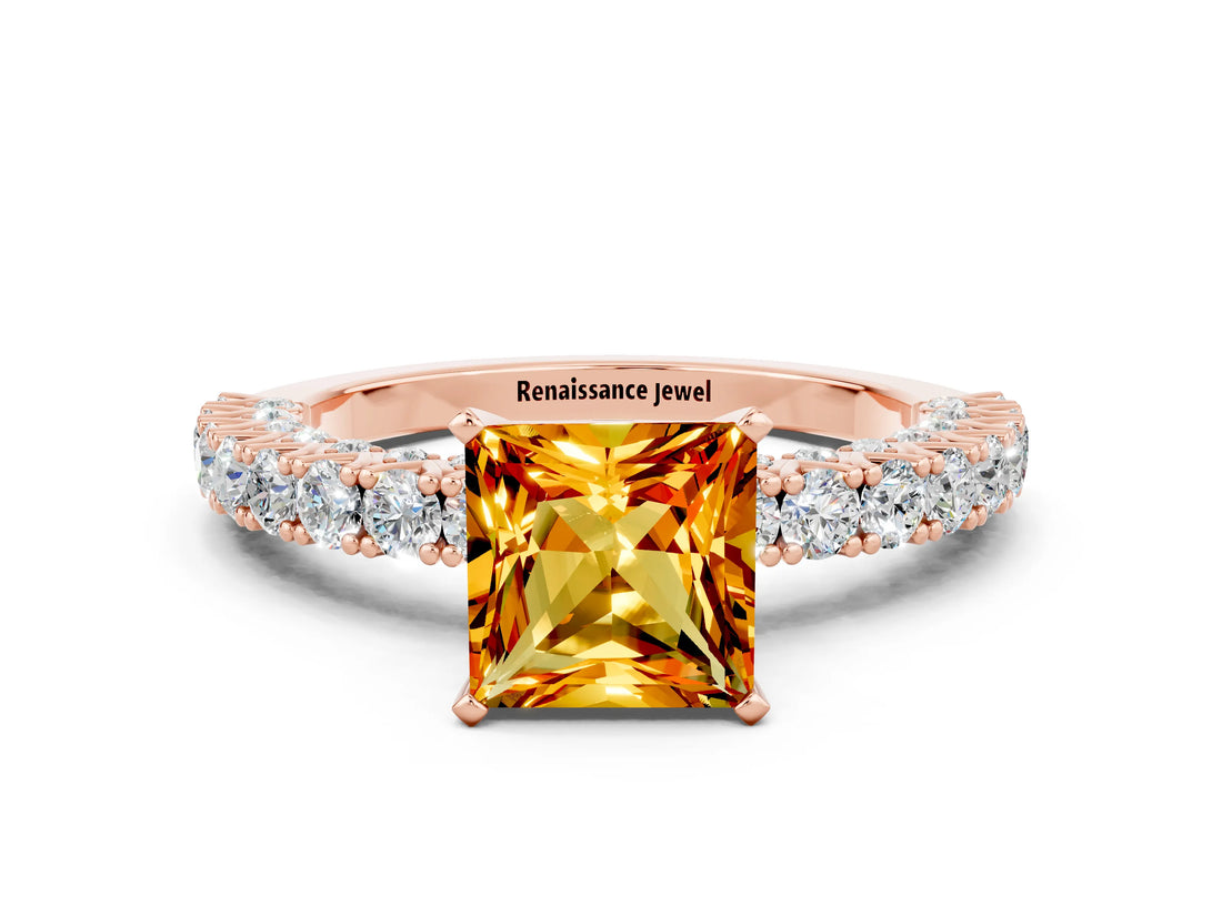 Rose gold Princess Cut Diamond Pavé Band Solitaire Ring with Prong Setting