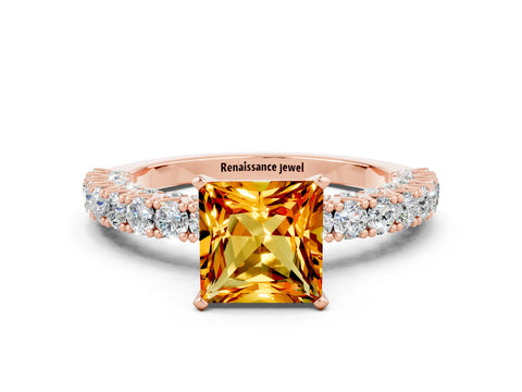 Rose gold Princess Cut Diamond Pavé Band Solitaire Ring with Prong Setting
