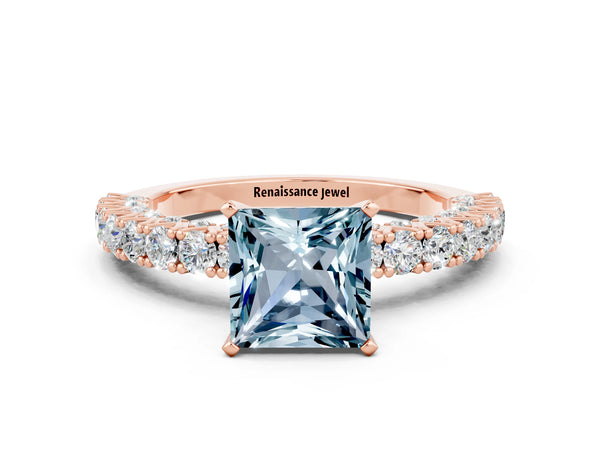 Rose gold Princess Cut Diamond Pavé Band Solitaire Ring with Prong Setting