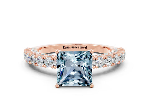 Rose gold Princess Cut Diamond Pavé Band Solitaire Ring with Prong Setting