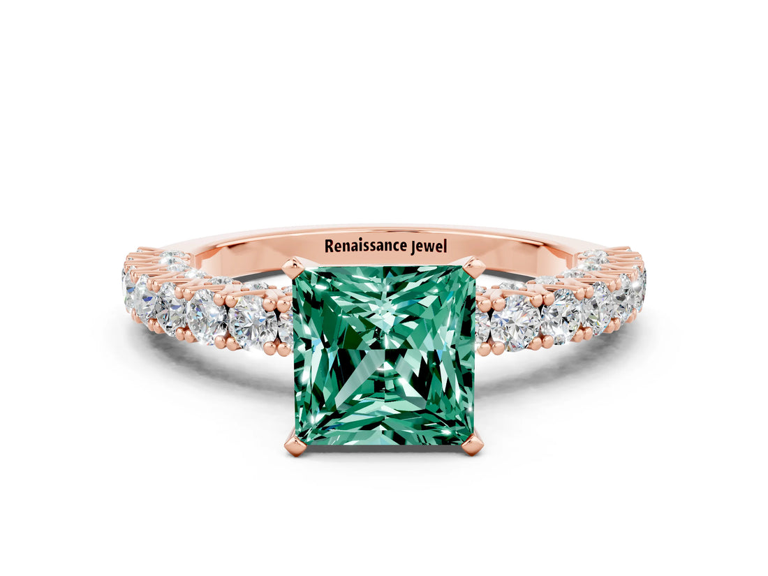 Rose gold Princess Cut Diamond Pavé Band Solitaire Ring with Prong Setting