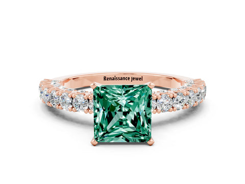 Rose gold Princess Cut Diamond Pavé Band Solitaire Ring with Prong Setting