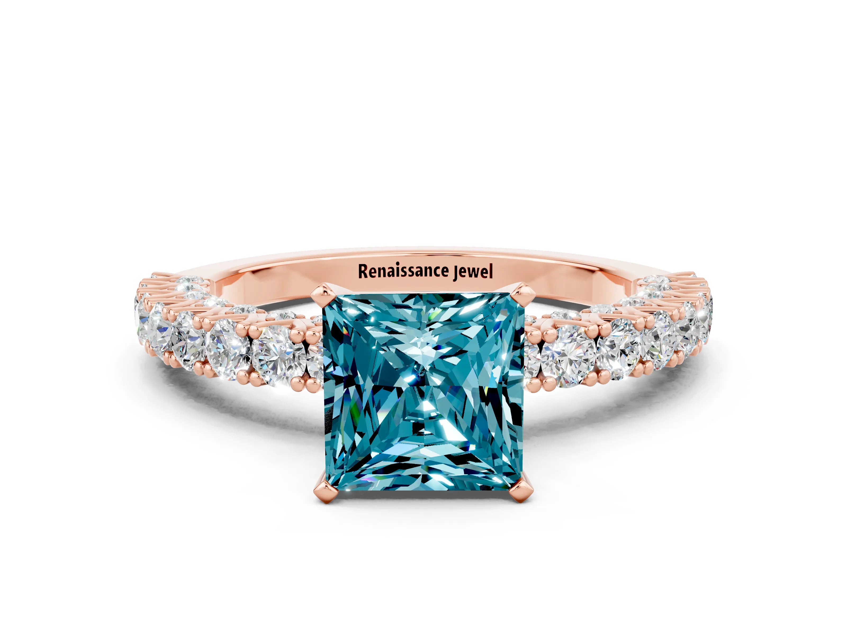 Rose gold Princess Cut Diamond Pavé Band Solitaire Ring with Prong Setting