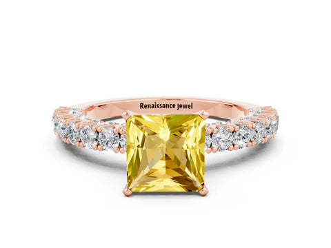 Rose gold Princess Cut Diamond Pavé Band Solitaire Ring with Prong Setting