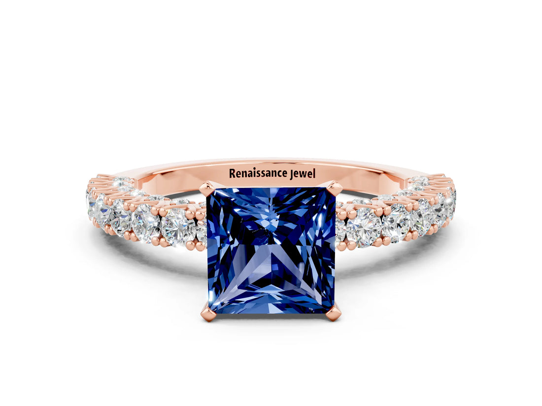 Rose gold Princess Cut Diamond Pavé Band Solitaire Ring with Prong Setting