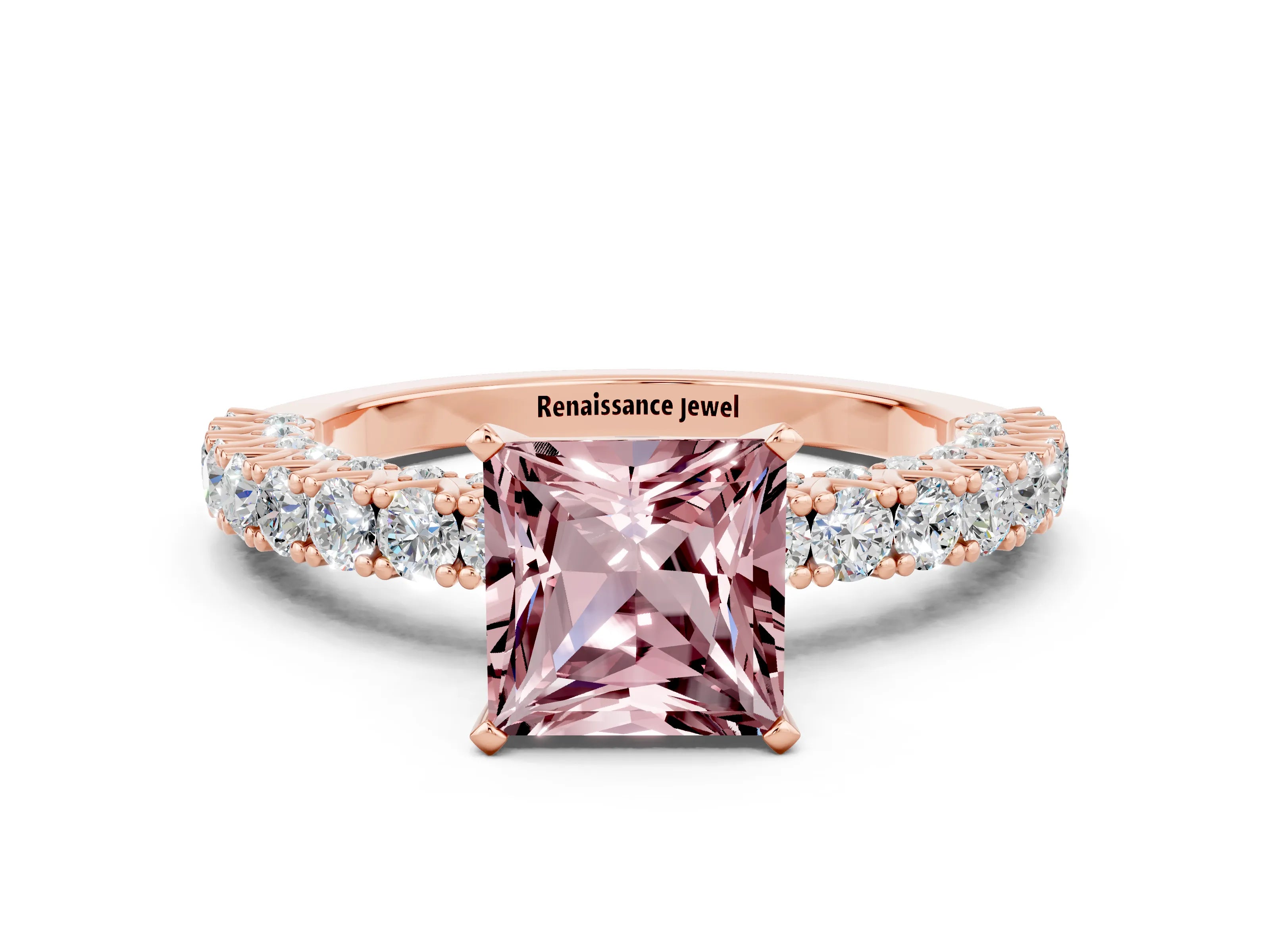 Rose gold Princess Cut Diamond Pavé Band Solitaire Ring with Prong Setting