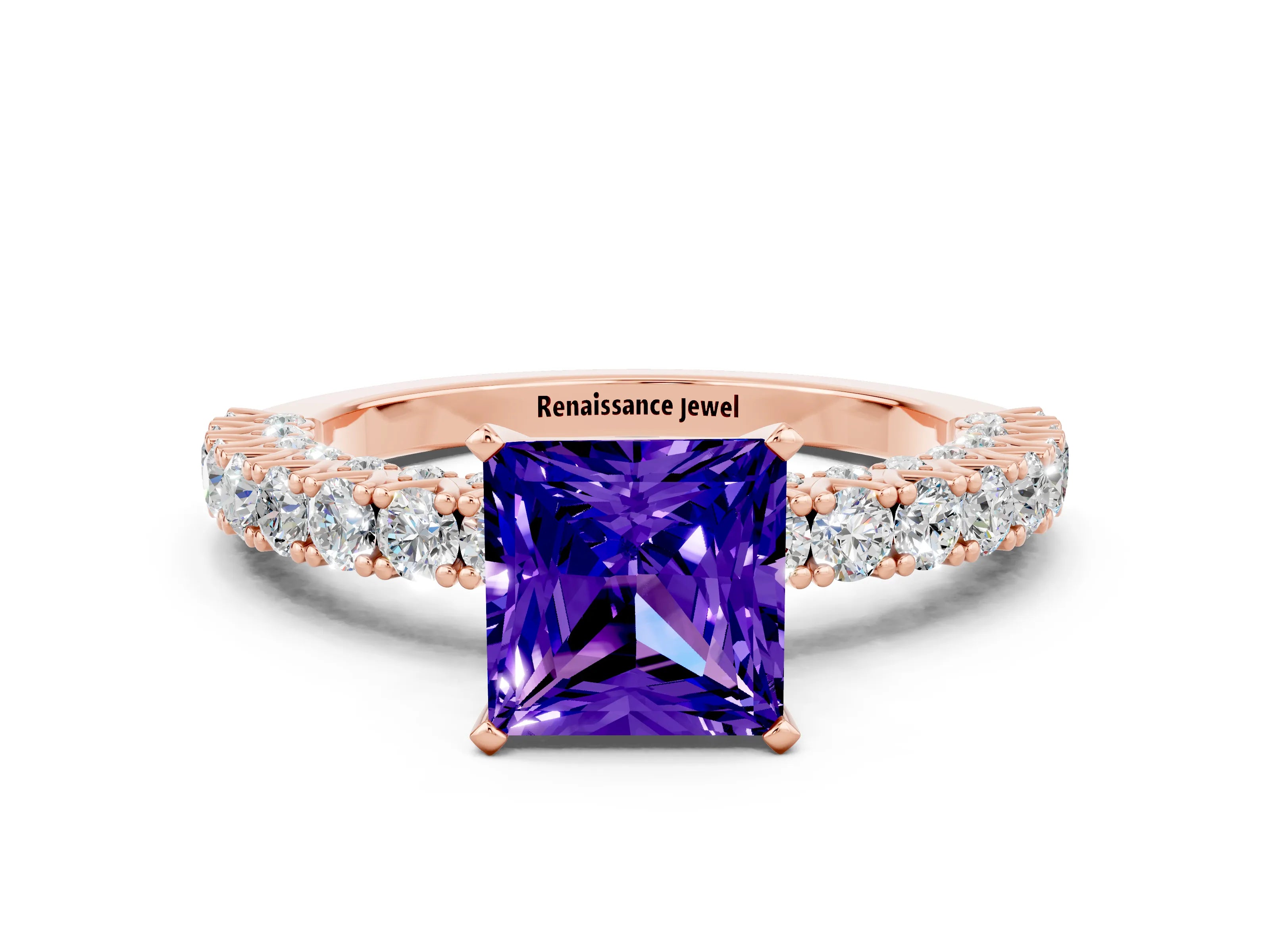 Rose gold Princess Cut Diamond Pavé Band Solitaire Ring with Prong Setting