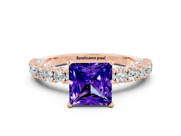 Rose gold Princess Cut Diamond Pavé Band Solitaire Ring with Prong Setting