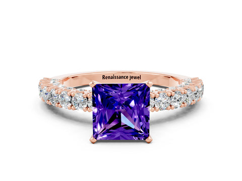 Rose gold Princess Cut Diamond Pavé Band Solitaire Ring with Prong Setting