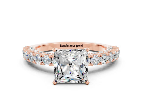 Rose gold Princess Cut Diamond Pavé Band Solitaire Ring with Prong Setting