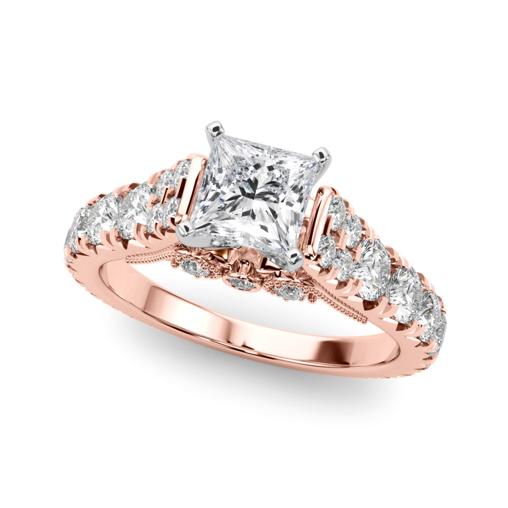 Rose gold Princess Cut Diamond Pavé Band Solitaire with Four-Prong Setting