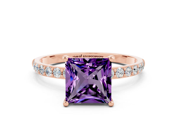Rose gold Princess Cut Amethyst Solitaire Ring with Round Pavé Shoulders and Prong Setting