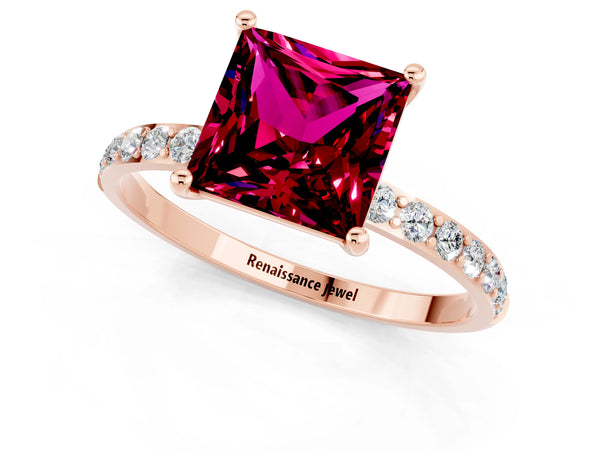 Rose gold Princess Cut Garnet Solitaire Ring with Round Pavé Shoulders and Prong Setting