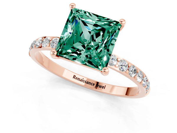 Rose gold Princess Cut Green Sapphire Solitaire Ring with Round Pavé Shoulders and Prong Setting