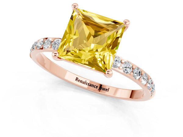 Rose gold Princess Cut Yellow Sapphire Solitaire Ring with Round Pavé Shoulders and Prong Setting