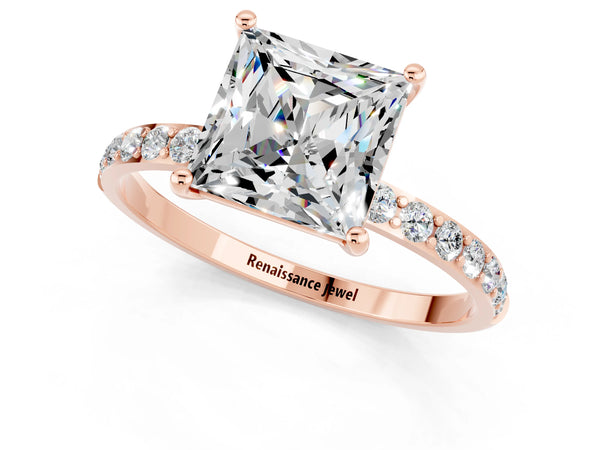 Rose gold Princess Cut Moissanite Solitaire Ring with Round Pavé Shoulders and Prong Setting