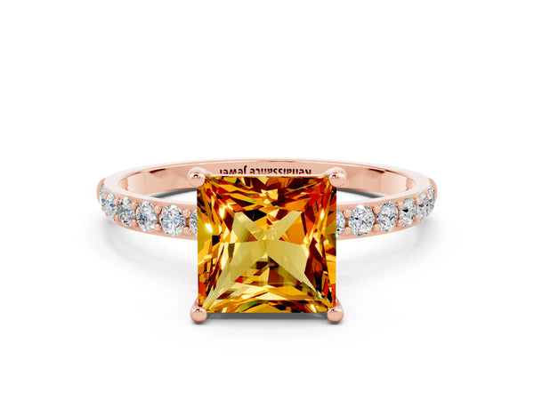 Rose gold Princess Cut Citrine Solitaire Ring with Round Pavé Shoulders and Prong Setting