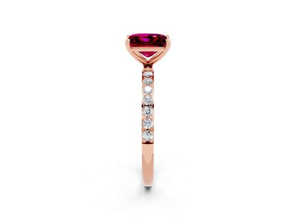 Rose gold Princess Cut Garnet Solitaire Ring with Round Pavé Shoulders and Prong Setting
