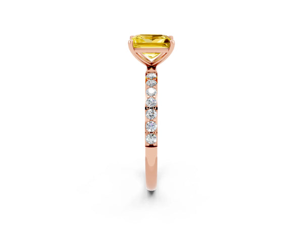 Rose gold Princess Cut Yellow Sapphire Solitaire Ring with Round Pavé Shoulders and Prong Setting