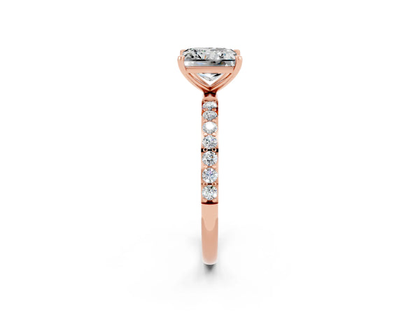 Rose gold Princess Cut Moissanite Solitaire Ring with Round Pavé Shoulders and Prong Setting